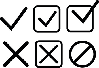 Check mark icon. Confirm, deny, or prohibit. Simple illustration in black.