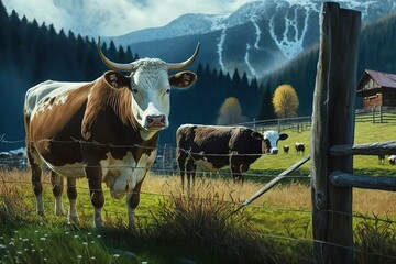 The cows near the fence, Carpathian mountains, AI generated
