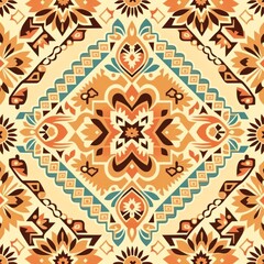 Handmade Indian art, seamless texture, ethnic pattern, traditional fabric, colorful design, ornamental motif, vintage print, floral background, seamless textile, abstract geometric, GENERATIVE AI