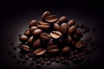 pile of coffee beans on a dark background, selective focus, copy space