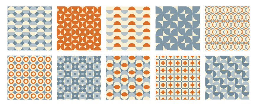 Trendy retro set geometric seamless patterns with colorful semicircles and circles. Modern abstract background. Orange, beige and blue colors. Vector illustration