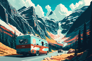 Summer concept. Nice van on the way to summer holidays through the beautiful valley. Vector art. Generative AI technology.