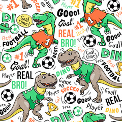 Art. Football pattern on a wite  background. Cute dinosaur plays soccer. Design for kids. Vector illustration.