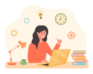 Woman sitting at the desk, using laptop and showing thumbs up. Office worker, student or freelancer, remote working, solution, business idea concept.