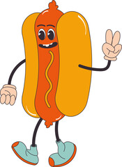 Cartoon character retro hot dog food 70s street food. In trendy groovy hippie retro style. 