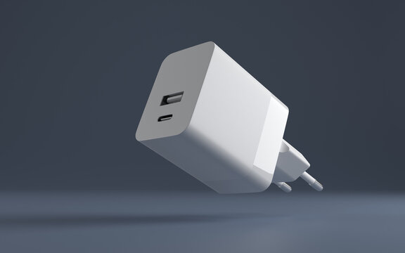 Smartphone wall charger with 2 ports, USB-A and USB-C. 
