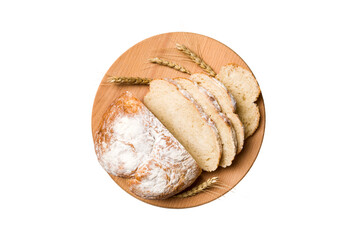 Freshly baked bread slices on cutting board isolated on white background . top view Sliced bread