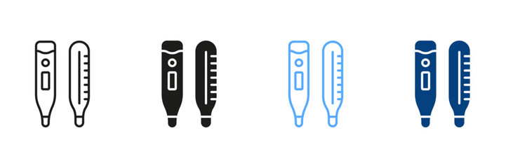 Medical Tool for Temperature Control Pictogram. Thermometer Line and Silhouette Icon Set. Electronic and Mercury Thermometer Black and Color Symbol Collection. Isolated Vector Illustration - obrazy, fototapety, plakaty