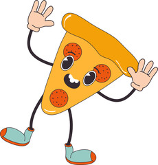 Cartoon character retro pizza food 70s street food. In trendy groovy hippie retro style.