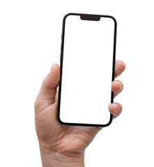 Smartphone mockup on transparent background, PNG file Format. Hand holding mobile phone with transparent screen. for advertising online.