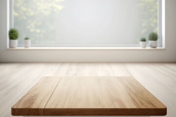 Empty wood table top with blur room interior with window background. Created with Generative AI Technology