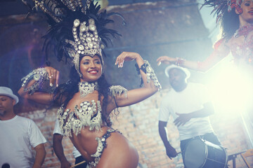 Live performances are her passion. two beautiful samba dancers and their band.