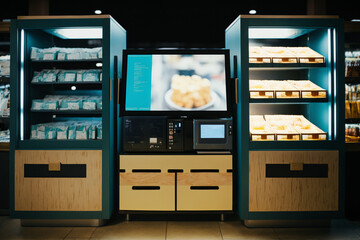 a modern retail store with digital displays and self-checkout machines, representing the retail and consumer goods industries - obrazy, fototapety, plakaty
