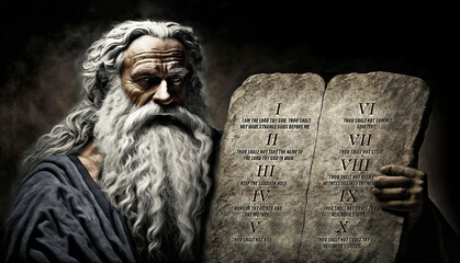 Moses holds stone tablets with the Ten Commandments. Ai generated illustration. - obrazy, fototapety, plakaty