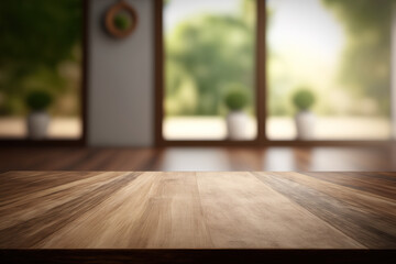 Fototapeta na wymiar Empty wood table top with blur room interior with window background. Created with Generative AI Technology