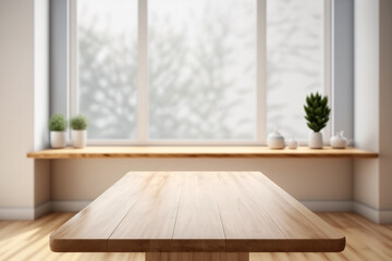 Empty wood table top with blur room interior with window background. Created with Generative AI Technology