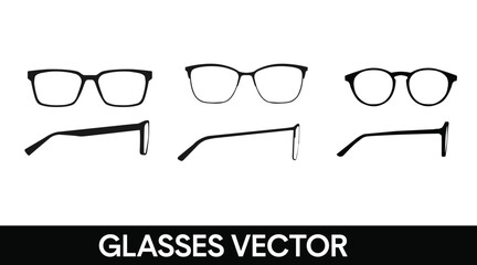 Vector isolated Illustration of a Glasses Frame Set. Set of Black glasses Frame Front and Side View