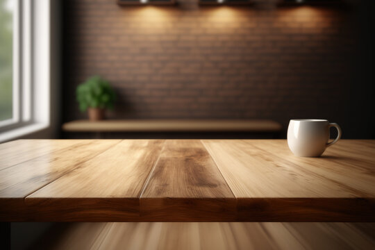 Empty wood table top with blur room interior background. Created with Generative AI Technology