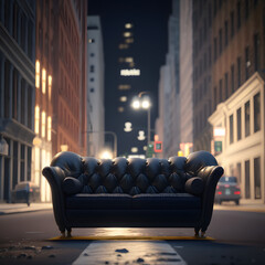 Black sofa in the streets of New-York, Paris, London and Italy, Ai generated

