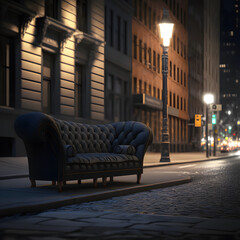 Fototapeta na wymiar Black sofa in the streets of New-York, Paris, London and Italy, Ai generated 