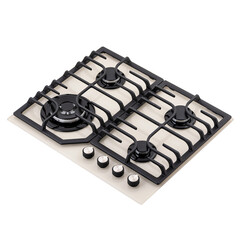 White countertop gas stove with four burners. Appliances for kitchen. Appliances. Food equipment. Kitchen Design. Interior Design. Top view. Isolate on white background. Copy space. 