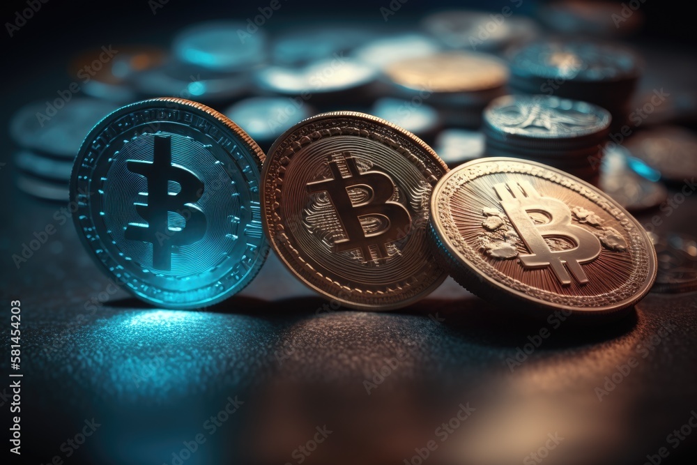 Poster coins for bitcoin and ethereum on a background of blue light. trading on the market for cryptocurren