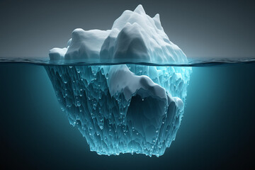 Iceberg in ocean, underwater risk, dark hidden threat or danger concept, iceberg with its visible and underwater or submerged parts floating in the clean blue ocean, generated ai