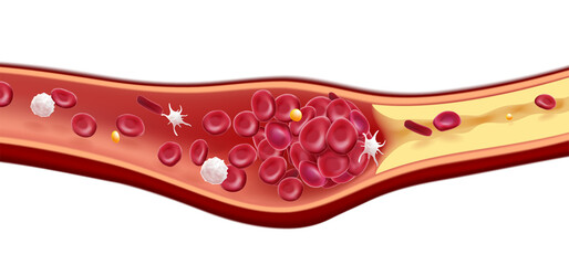 3D illustration of red blood cells and cholesterol clots cause death. Used in education, science...