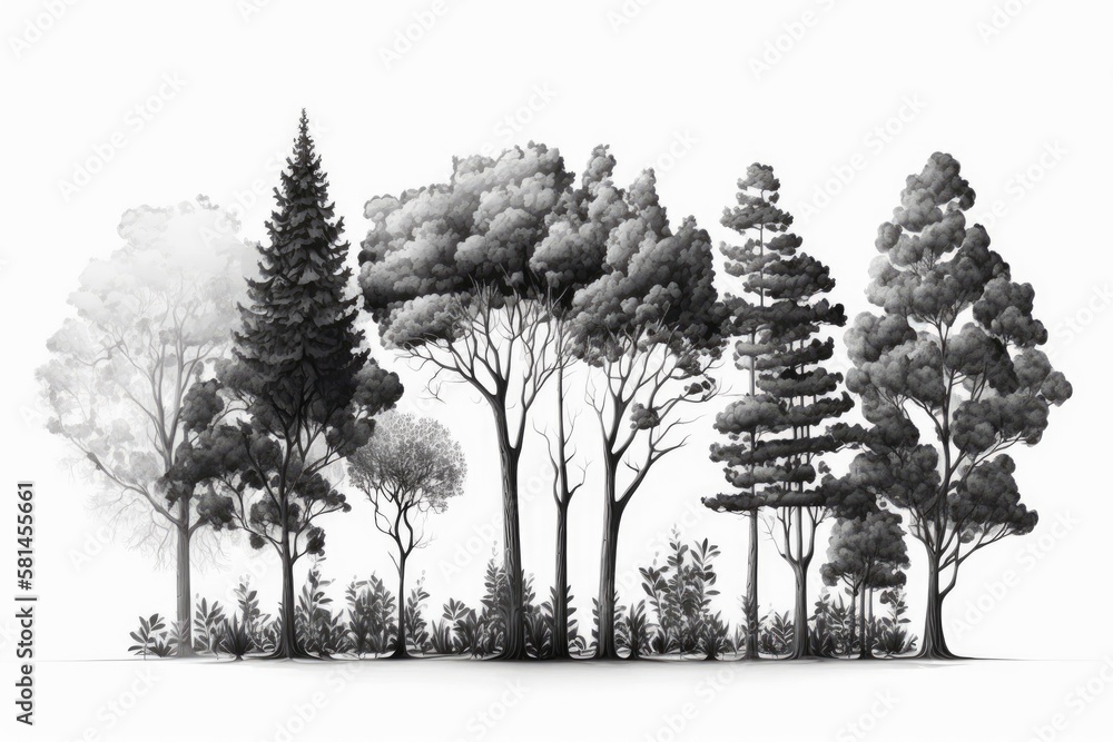 Poster white background with isolated trees, a group of trees. generative ai