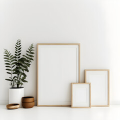 Fototapeta na wymiar blank canvas, posters mockup on the wall and floor with thin light wooden and black moulding, wall art mockup