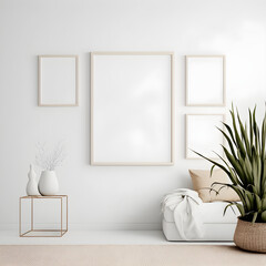 blank canvas, posters mockup on the wall and floor with thin light wooden and black moulding, wall art mockup