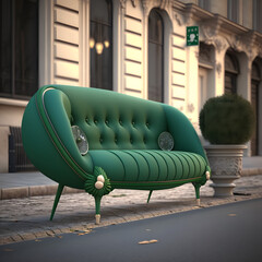 Green sofa in the streets of New-York, Paris, London and Italy, Ai generated
