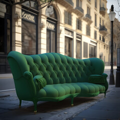 Green sofa in the streets of New-York, Paris, London and Italy, Ai generated
