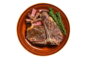 Barbecue Roast porterhouse or  t bone beef meat Steak on a rustic plate.  Isolated, transparent background.