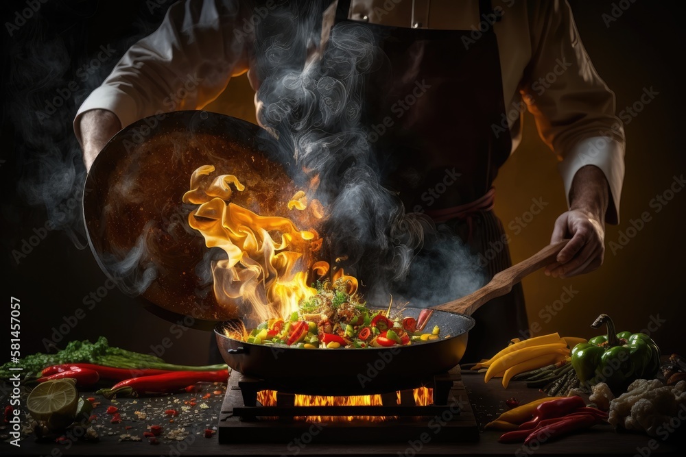 Wall mural chef prepares vegetable food in a frying pan with a flame of fire. the concept of restaurant and hot - Wall murals