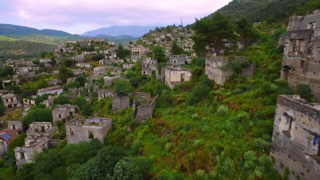 Fethiye Kayakoy. Drone flight over abandoned ghost village.