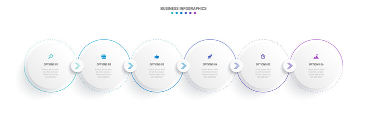 Timeline infographic with infochart. Modern presentation template with 6 spets for business process. Website template on white background for concept modern design. Horizontal layout.