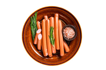 Frankfurter raw sausages in a rustic plate with herbs.  Isolated, transparent background.