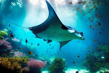 paradise island big manta ray under water, created with generative ai - obrazy, fototapety, plakaty