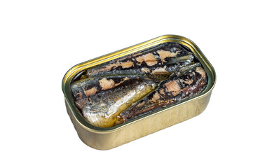 Open can with sardine in olive oil.  Isolated, transparent background.
