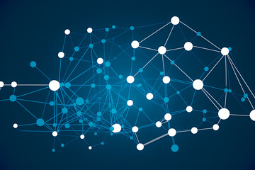 White geometric dots and lines connecting on a blue background. Flat 2d network connections on a blue background.