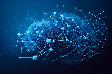 White geometric dots and lines connecting on a blue background. Flat 2d network connections on a blue background.