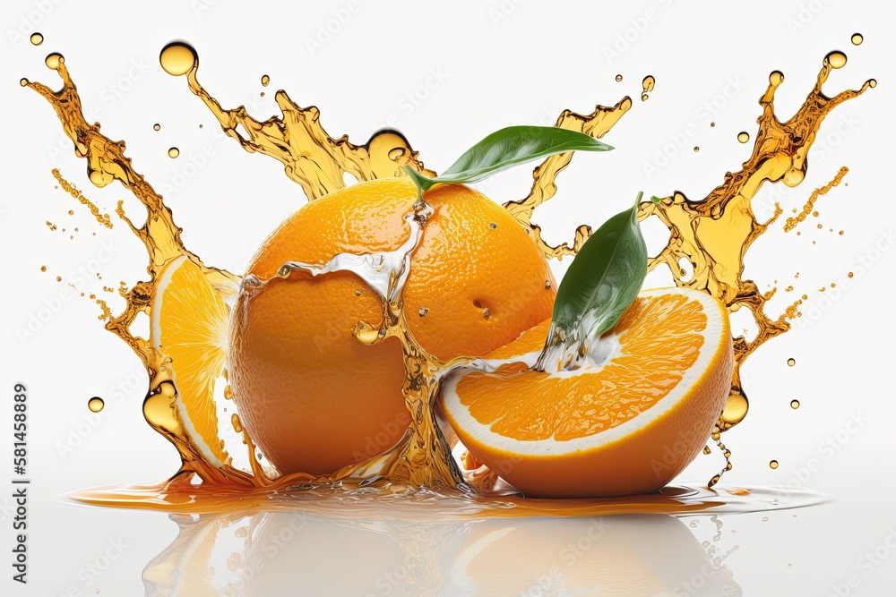 Poster orange juice and oranges splashed on a white background. generative ai