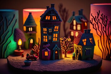 Fototapeta na wymiar towering miniature village colorful clay model on a table room background vivid ultra details colorful lighting