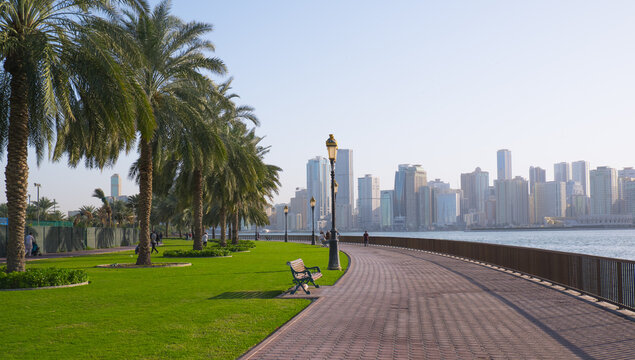 Sharjah, UAE, February 14, 2023: Al Majaz waterfront, Khaled lake.