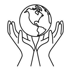 earth day logo, black and white vector line art, two hands down holding earth, american continent view, editable line