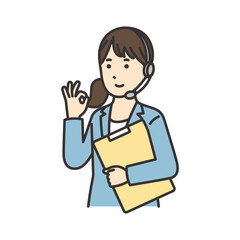資料を持ってOKポーズをするオペレーターの女性のイラスト