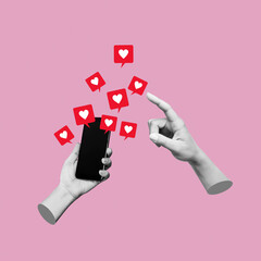 Female hand pointing to like symbols of social networks from mobile phone with black blank screen on pink color background. 3d trendy collage in magazine urban style. Contemporary art. Modern design - obrazy, fototapety, plakaty