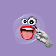 Happy cartoon face with woman mouth red lips with eye enlarged with magnifying glass showing tongue...