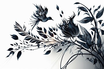 wallpaper birds and flowers long branches white background